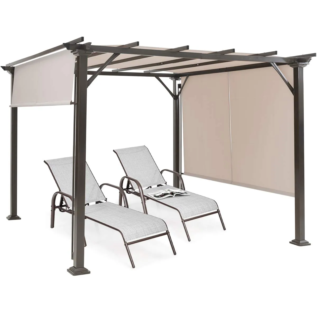 10 X 10FT Outdoor Pergola, Patio Furniture Shade Structure, Outdoor Steel Pergola Gazebo with Retractable Canopy Shades