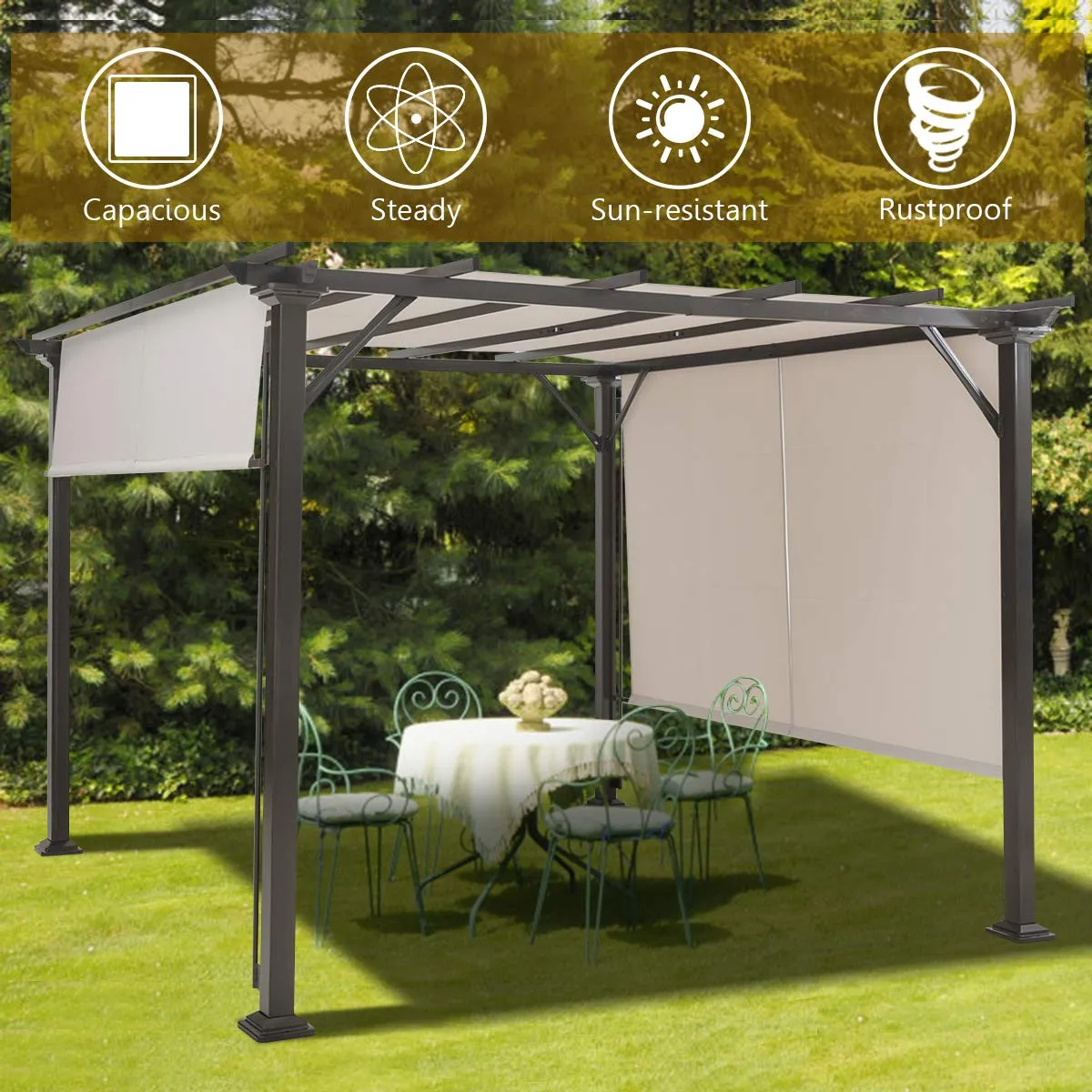 10 X 10FT Outdoor Pergola, Patio Furniture Shade Structure, Outdoor Steel Pergola Gazebo with Retractable Canopy Shades