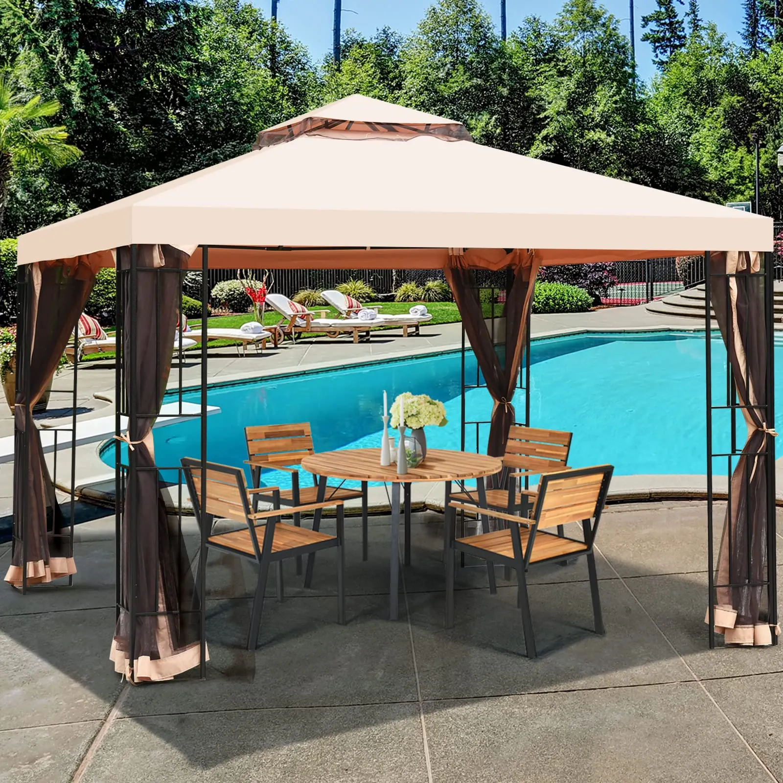 10x10 Feet Patio Gazebo, Outdoor Steel Gazebo with Netting