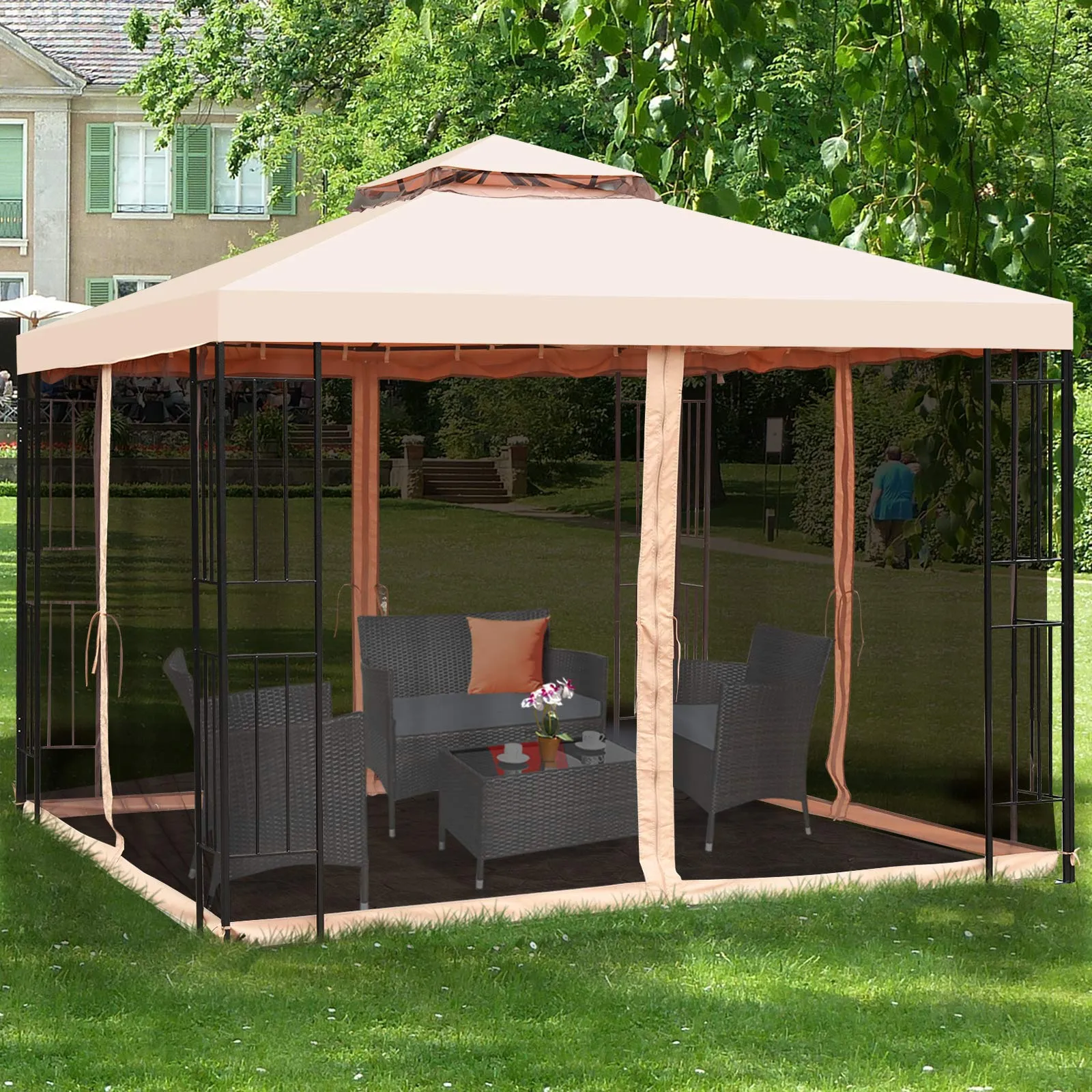 10x10 Feet Patio Gazebo, Outdoor Steel Gazebo with Netting