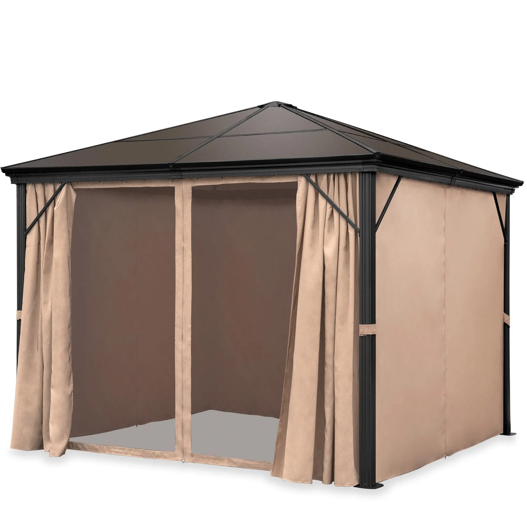 10x10ft Outdoor Aluminum Frame Hardtop Gazebo w/ Side Curtains, Bug Nets