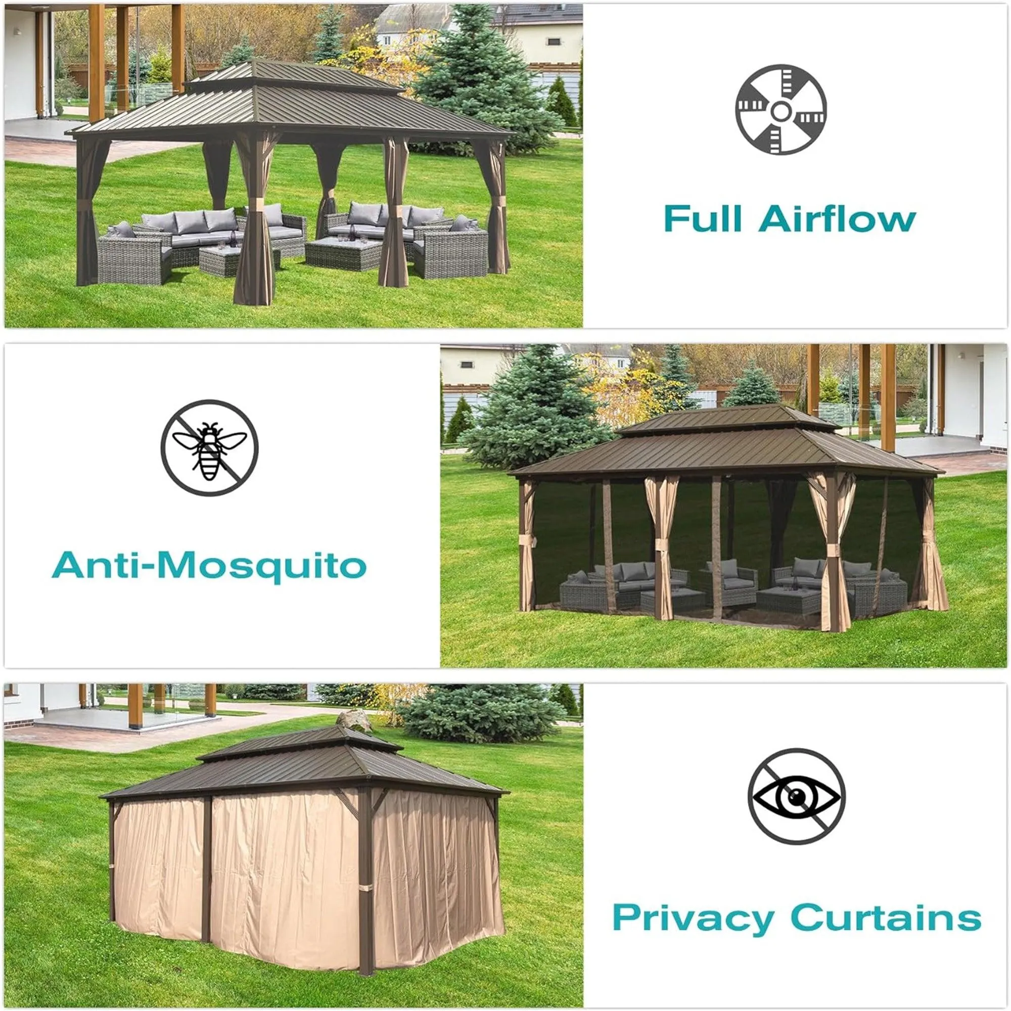 12' X 18' Hardtop Gazebo, Aluminum Metal Gazebo with Galvanized Steel Double Roof Canopy, Brown