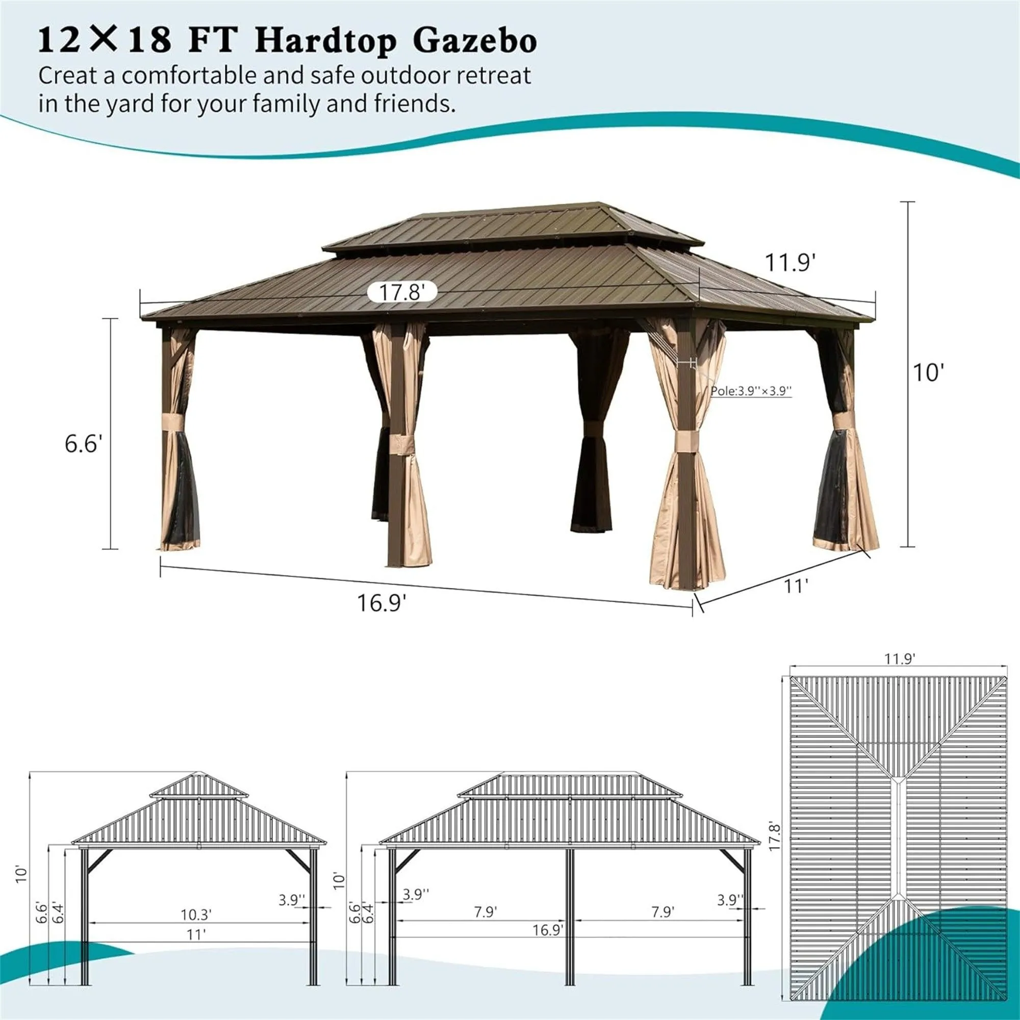 12' X 18' Hardtop Gazebo, Aluminum Metal Gazebo with Galvanized Steel Double Roof Canopy, Brown