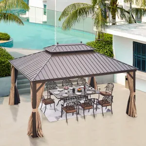 12'x16' Hardtop Gazebo Galvanized Steel Double-Roof Pergola w/ Netting Curtain