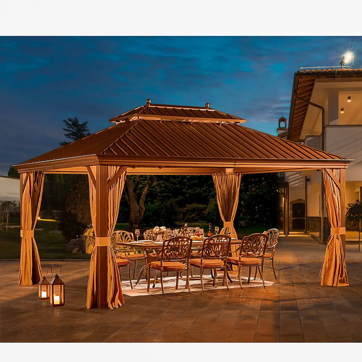 12'x16' Hardtop Gazebo Galvanized Steel Double-Roof Pergola w/ Netting Curtain