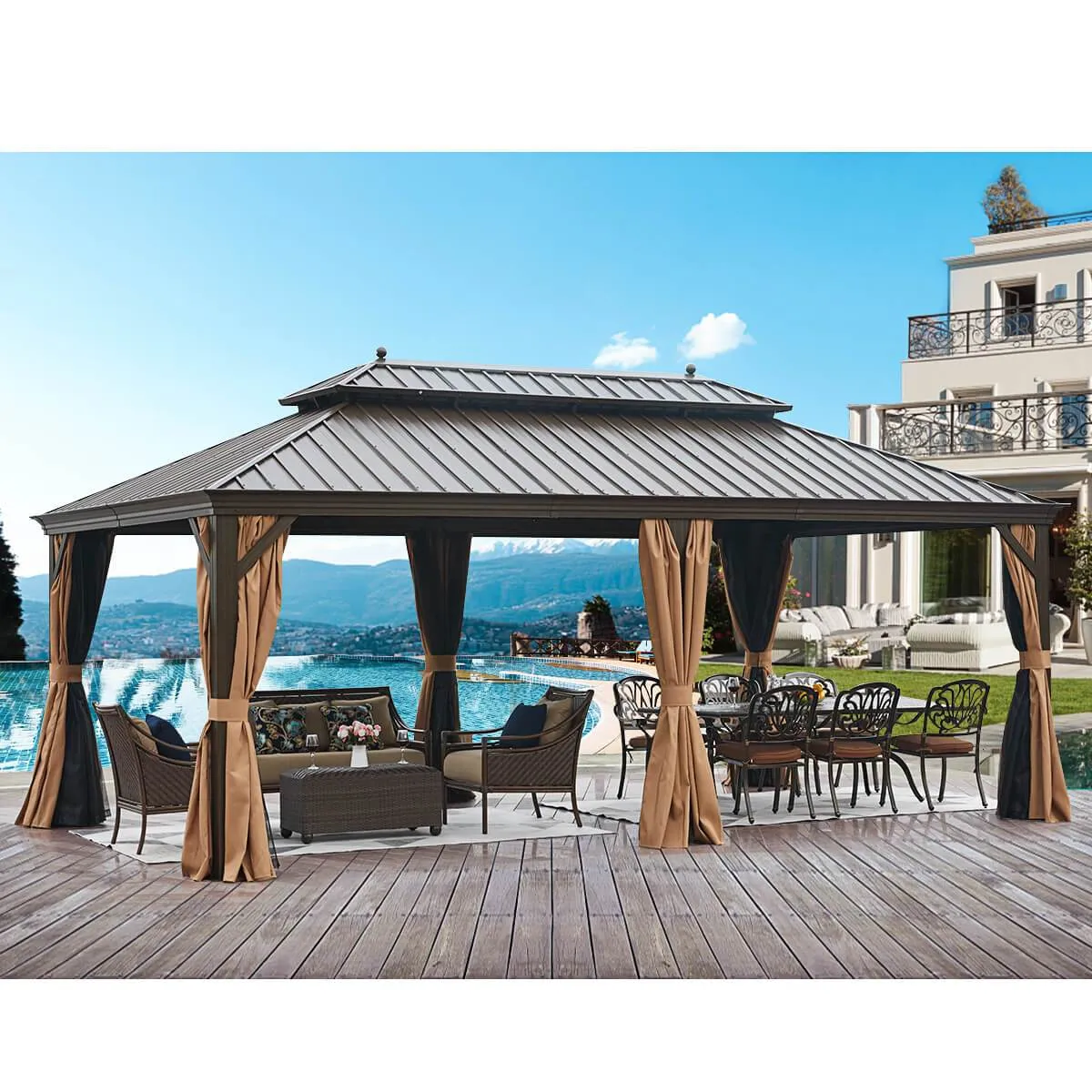 12'x20' Galvanized Steel Hardtop Gazebo Double-Roof Pergola w/ Netting Curtain