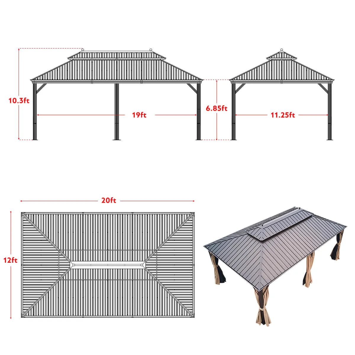 12'x20' Galvanized Steel Hardtop Gazebo Double-Roof Pergola w/ Netting Curtain