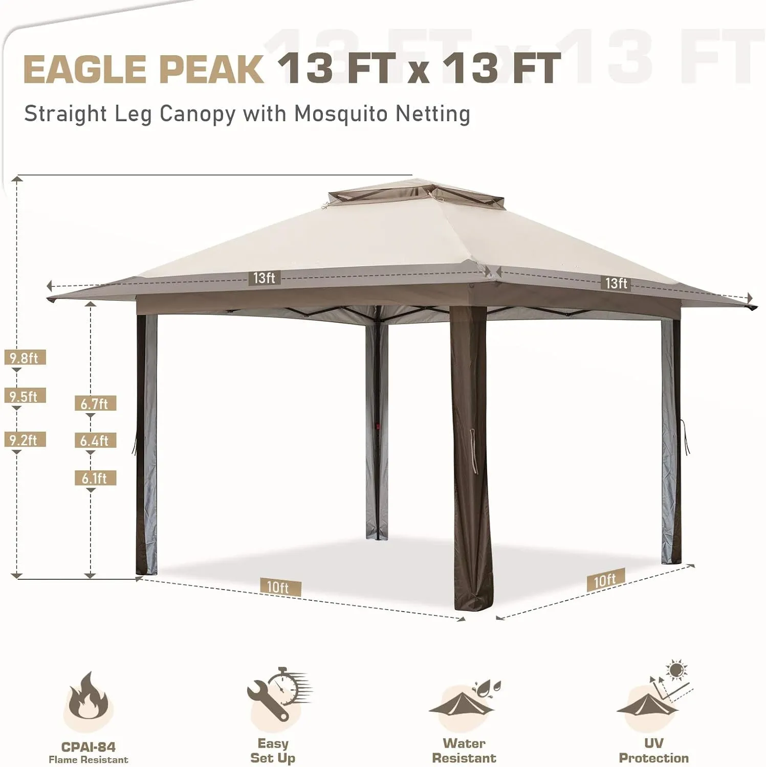 13X13 Pop-Up Gazebo Tent Instant W/Mosquito Netting, Outdoor Gazebo Canopy Easy Set-Up Folding Shelter (Beige/Brown)…