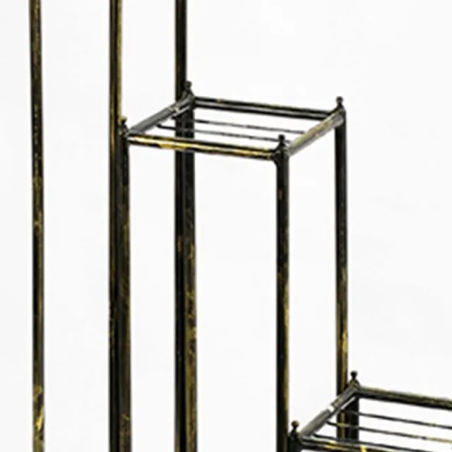 2 Tier Square Slatted Top Plant Stand, Set Of 3, Black And Gold By Benzara