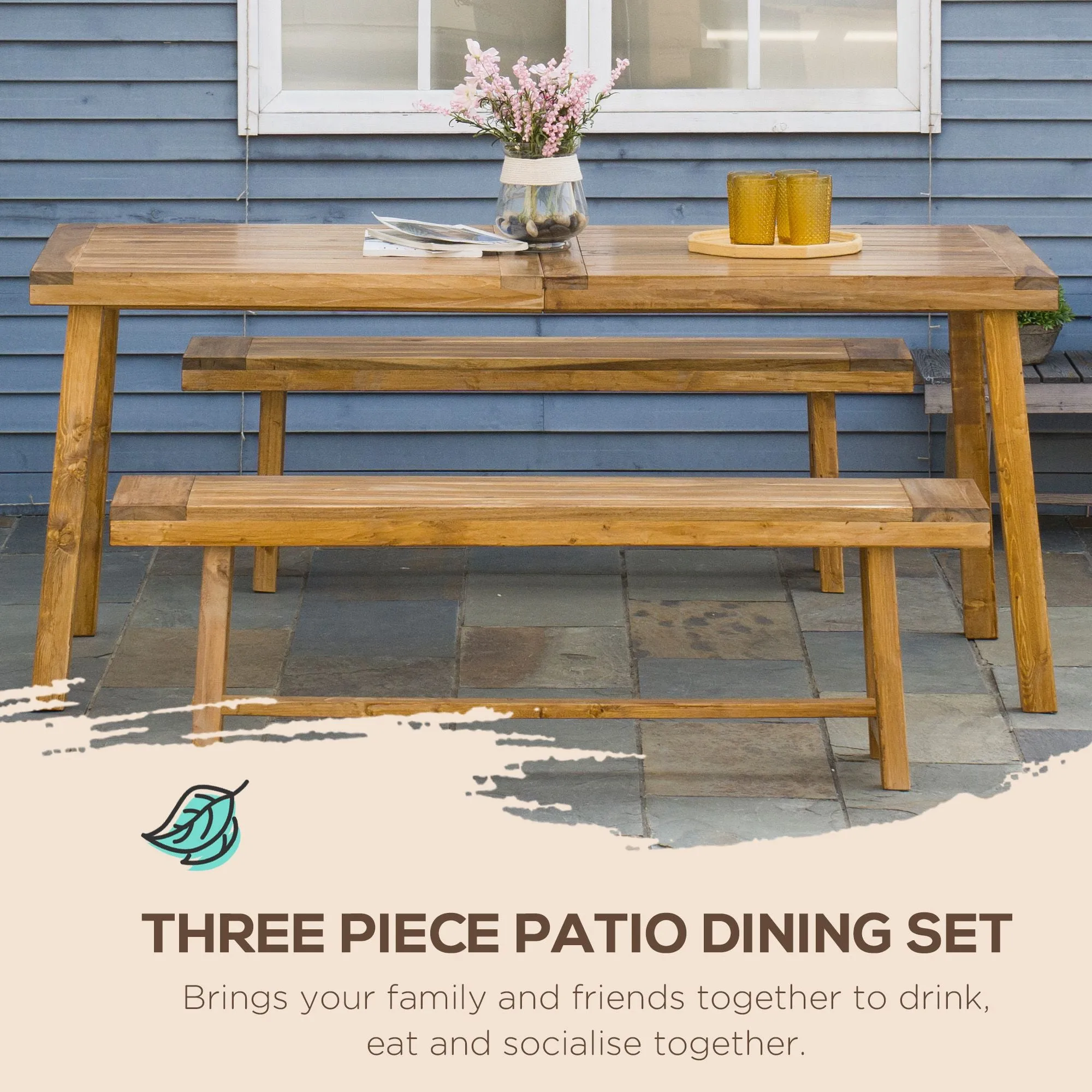 3 Pieces Garden Dining Set, Outdoor 4 Seater Acacia Wood Table and Loveseats, Natural Wood Finish