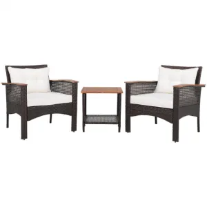 3 Pieces Patio Rattan Furniture Set with Acacia Wood Tabletop