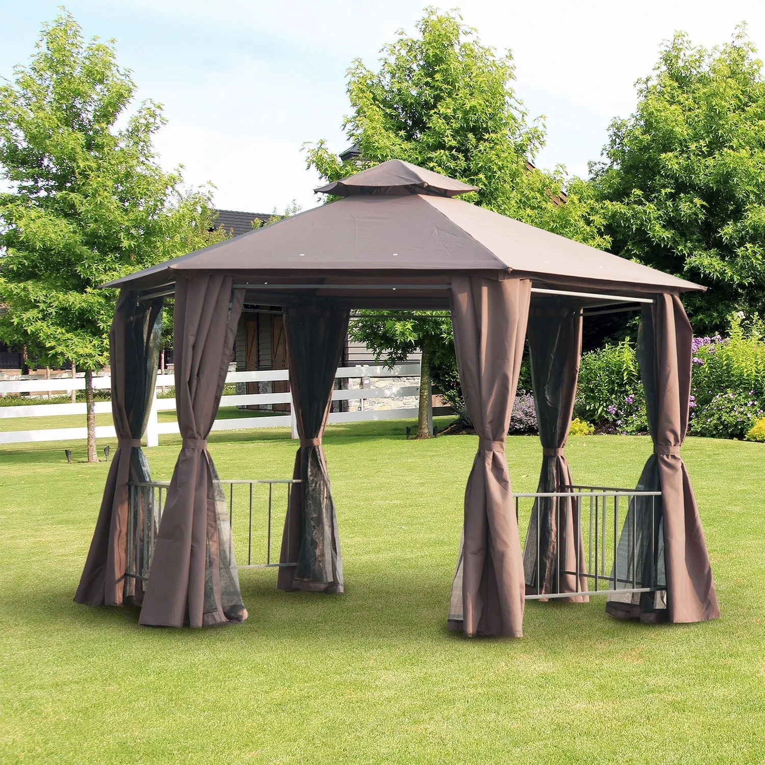 3 x 3M Hexagon Gazebo Patio Canopy Party Tent Outdoor Garden Shelter w/ 2 Tier Roof & Side Panel - Brown