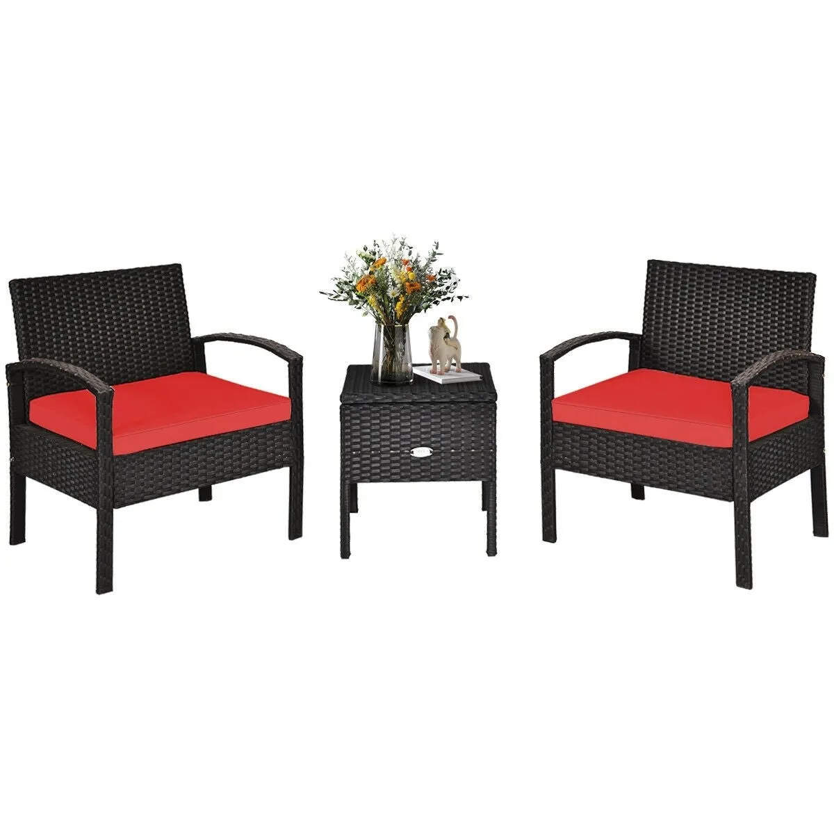 3pc Wicker Rattan Patio Sofa Set - Red