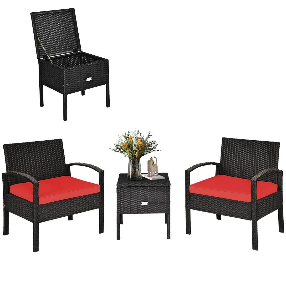 3pc Wicker Rattan Patio Sofa Set - Red