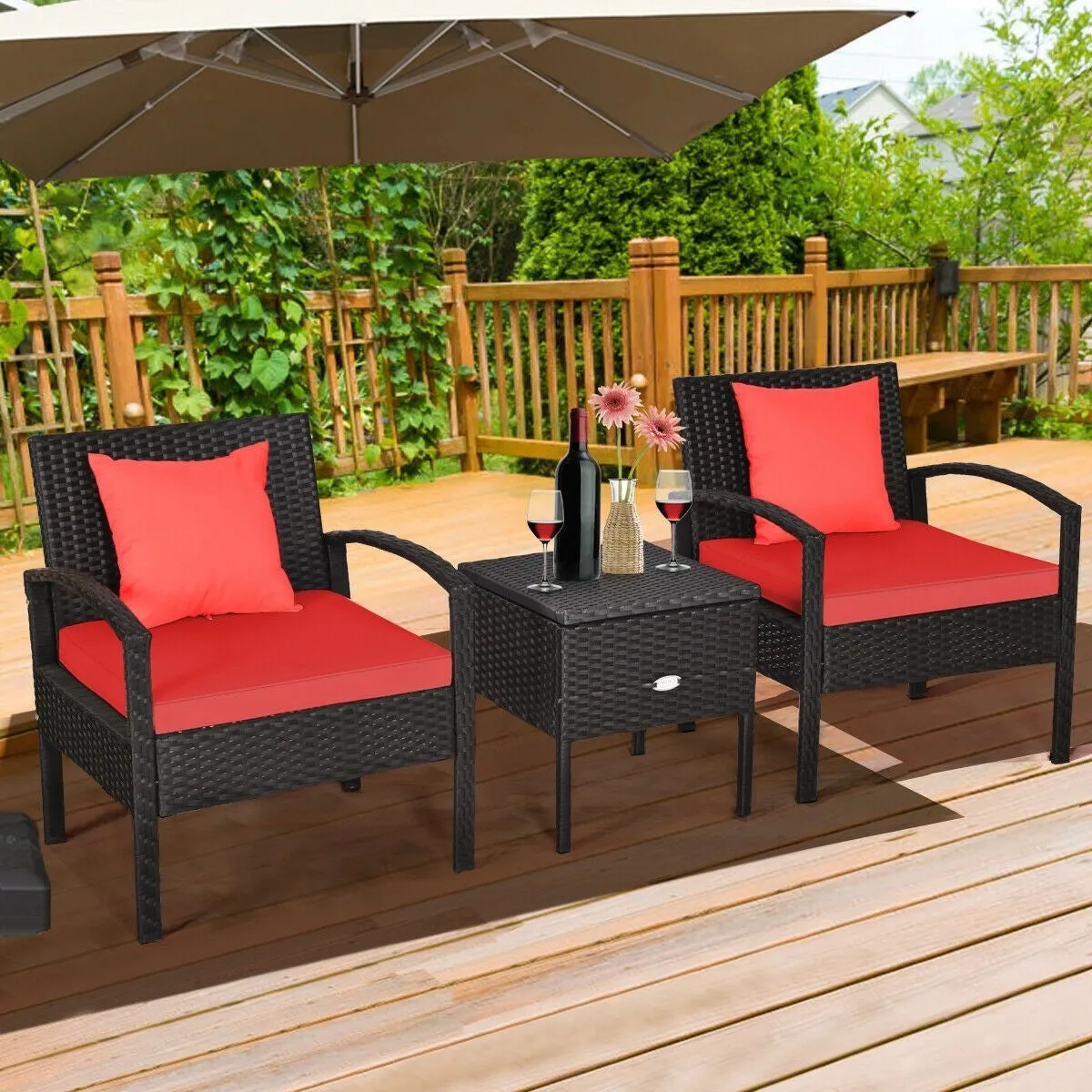 3pc Wicker Rattan Patio Sofa Set - Red