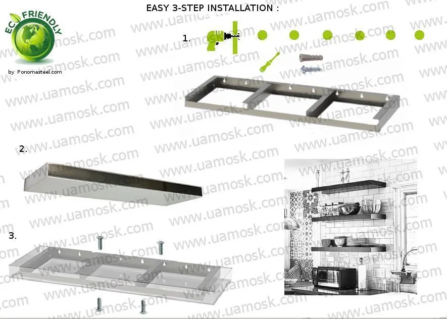 48"x6"x2.5" (cm.121.9x15.2x6.4) stainless steel floating shelf