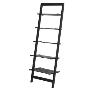 5 Tier Black Ladder Shelf - Leaning Wooden Bookshelf For Office, Bathroom,