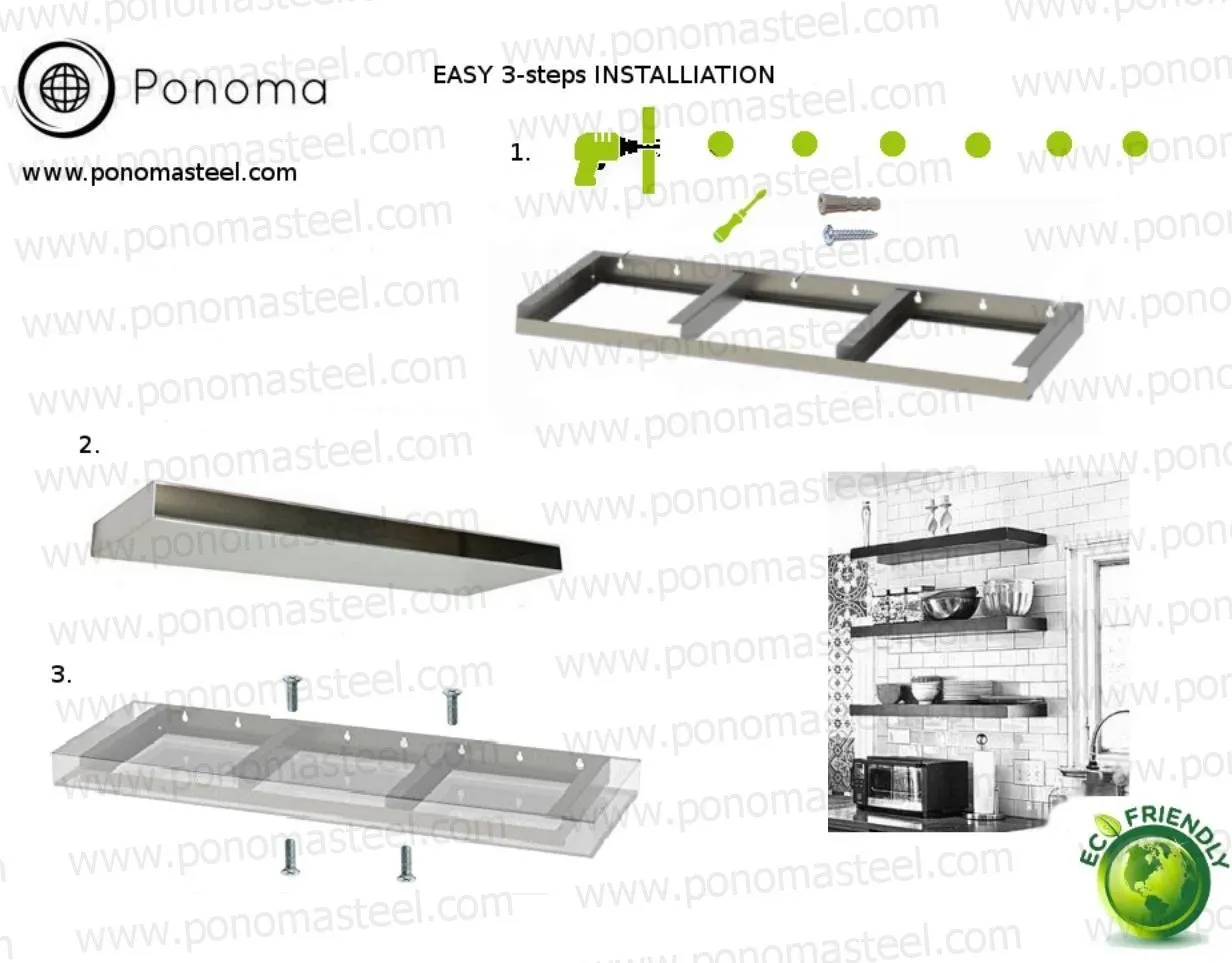 60"x8"x2.0" (cm.152x20x5.1) curved seamless stainless steel floating shelves Ponoma®