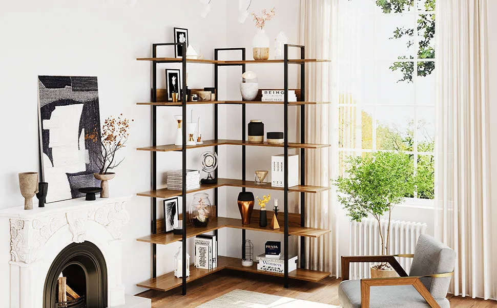 74.8 Inch Bookshelf L-shape MDF Boards Stainless Steel Frame Corner 6-tier Shelves Adjustable Foot Pads, Brown