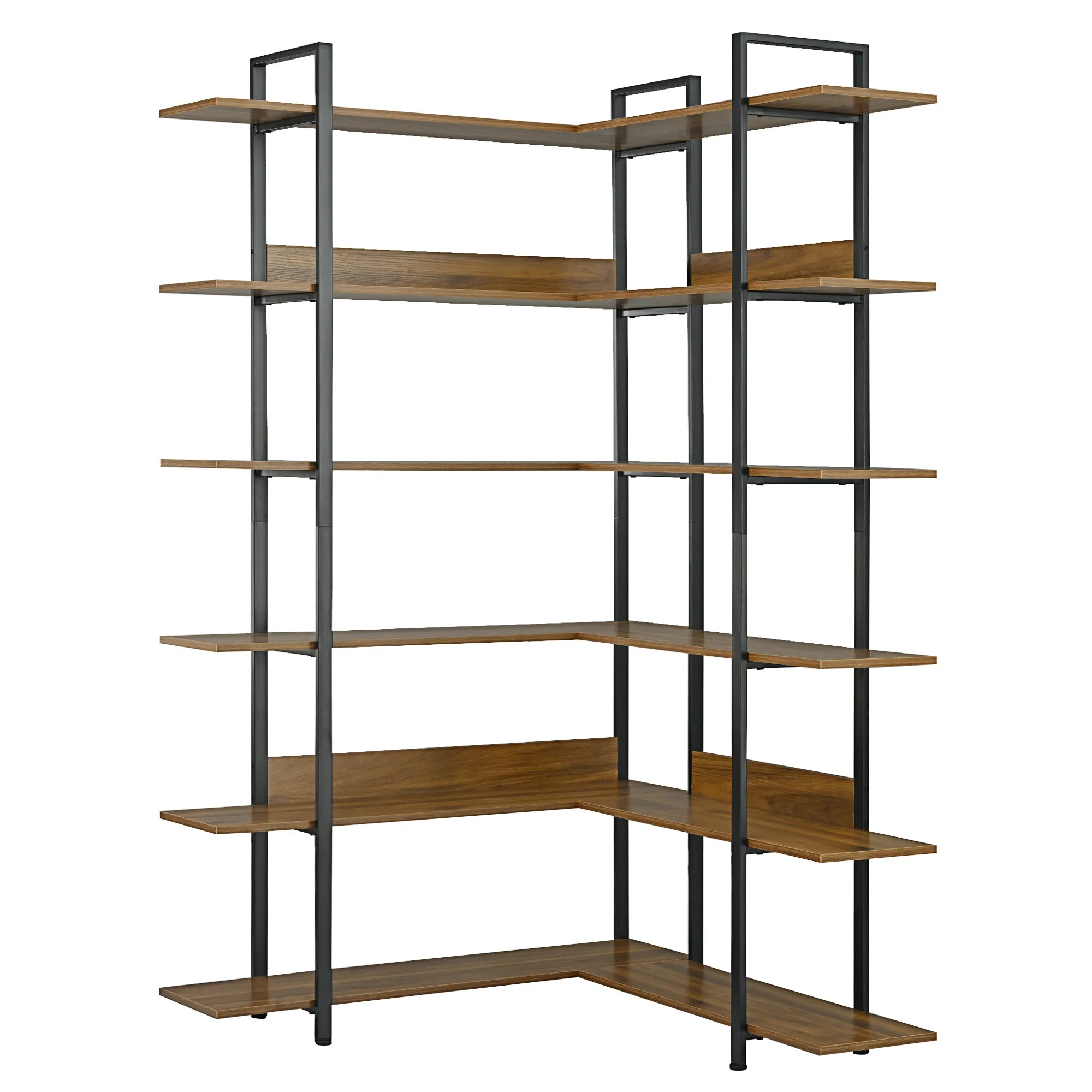 74.8 Inch Bookshelf L-shape MDF Boards Stainless Steel Frame Corner 6-tier Shelves Adjustable Foot Pads, Brown