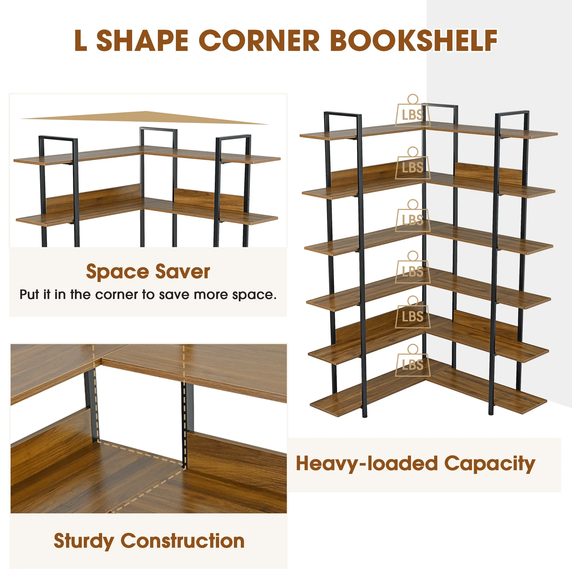 74.8 Inch Bookshelf L-shape MDF Boards Stainless Steel Frame Corner 6-tier Shelves Adjustable Foot Pads, Brown