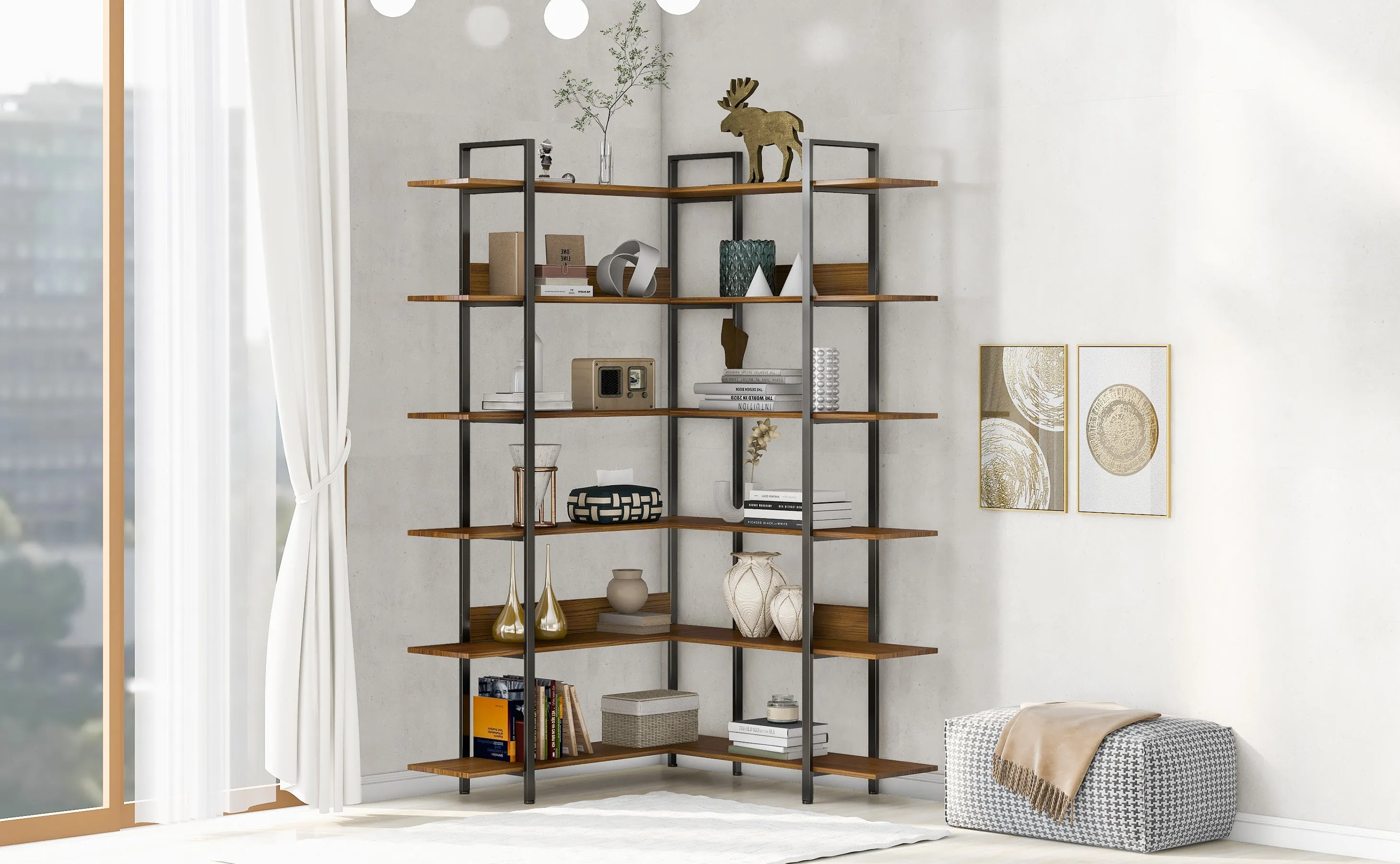 74.8 Inch Bookshelf L-shape MDF Boards Stainless Steel Frame Corner 6-tier Shelves Adjustable Foot Pads, Brown