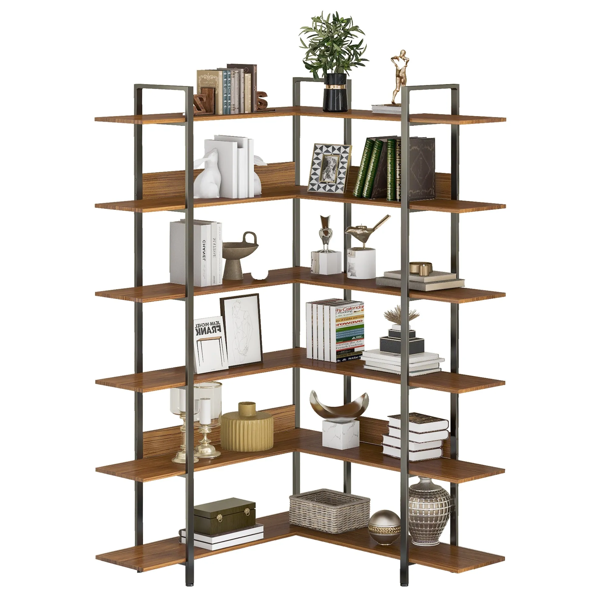 74.8 Inch Bookshelf L-shape MDF Boards Stainless Steel Frame Corner 6-tier Shelves Adjustable Foot Pads, Brown