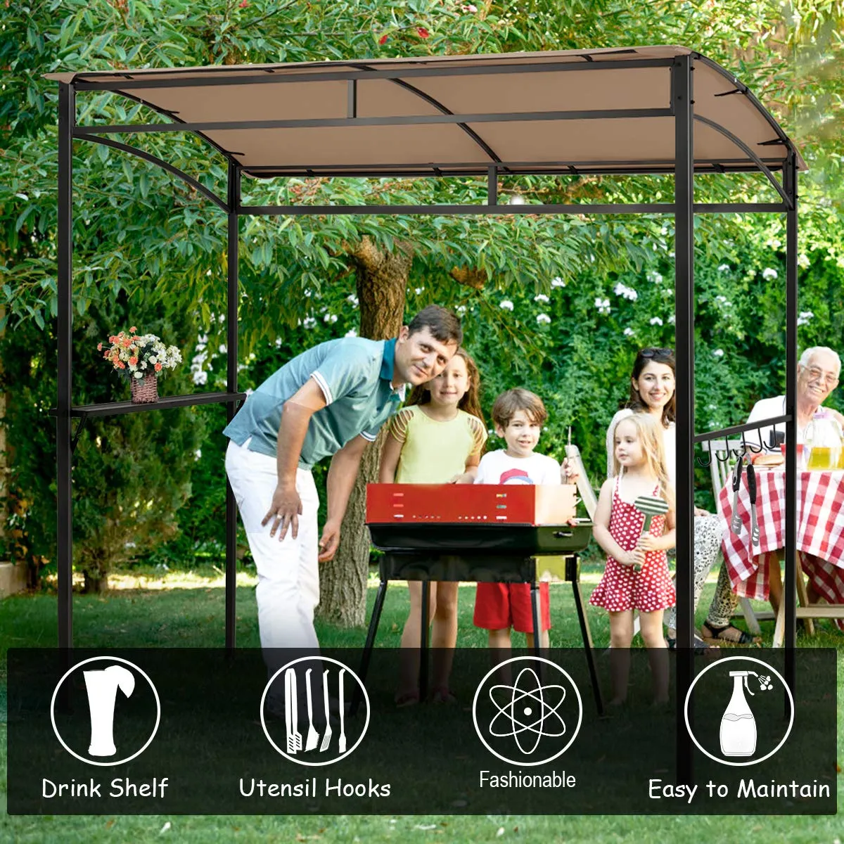 7ft Grill Gazebo, Patio Barbecue Canopy with Serving Shelf and Storage Hooks