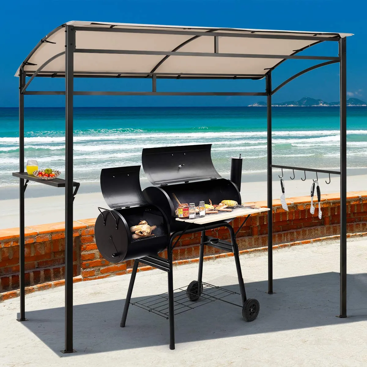 7ft Grill Gazebo, Patio Barbecue Canopy with Serving Shelf and Storage Hooks