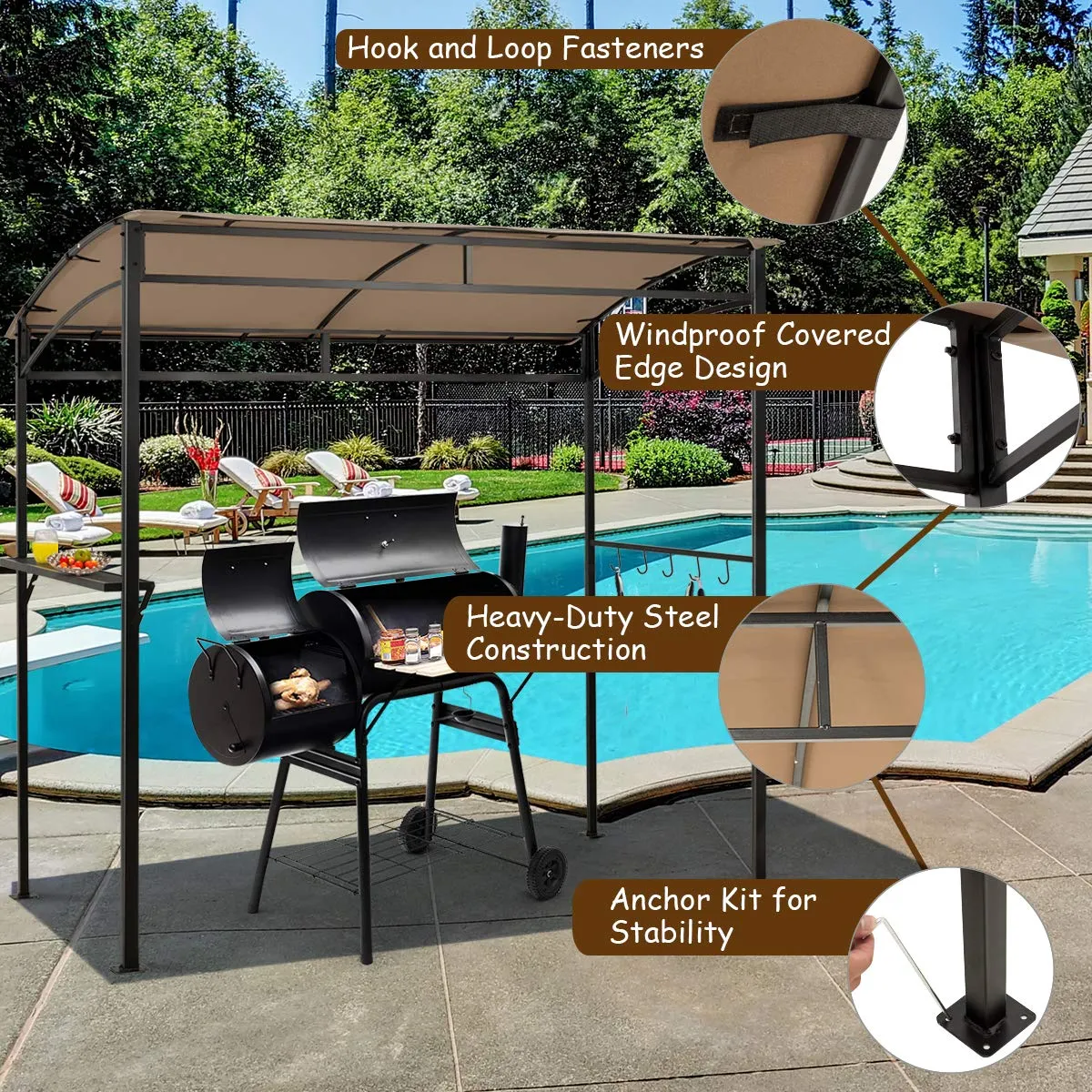 7ft Grill Gazebo, Patio Barbecue Canopy with Serving Shelf and Storage Hooks