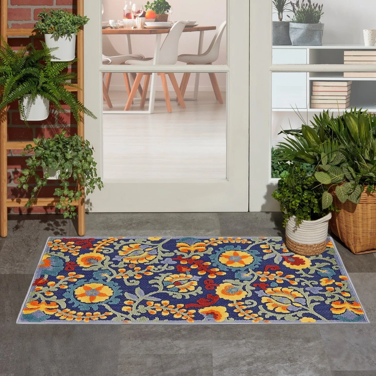 Aloha Indoor/Outdoor Yellow/Navy Floral Rug