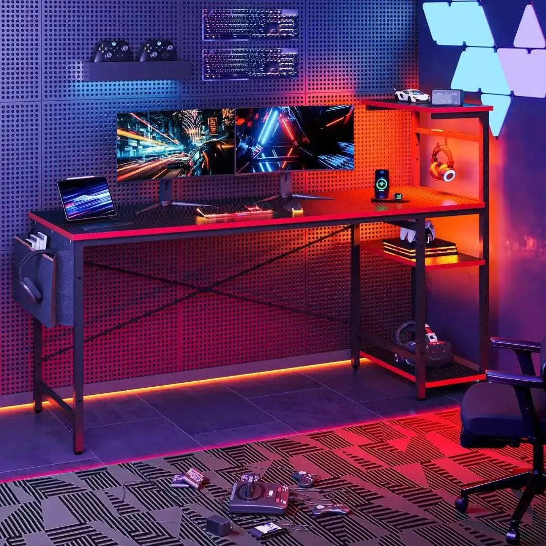 Bestier 61 Inch Gaming Desk with Shelves & Storage Bag