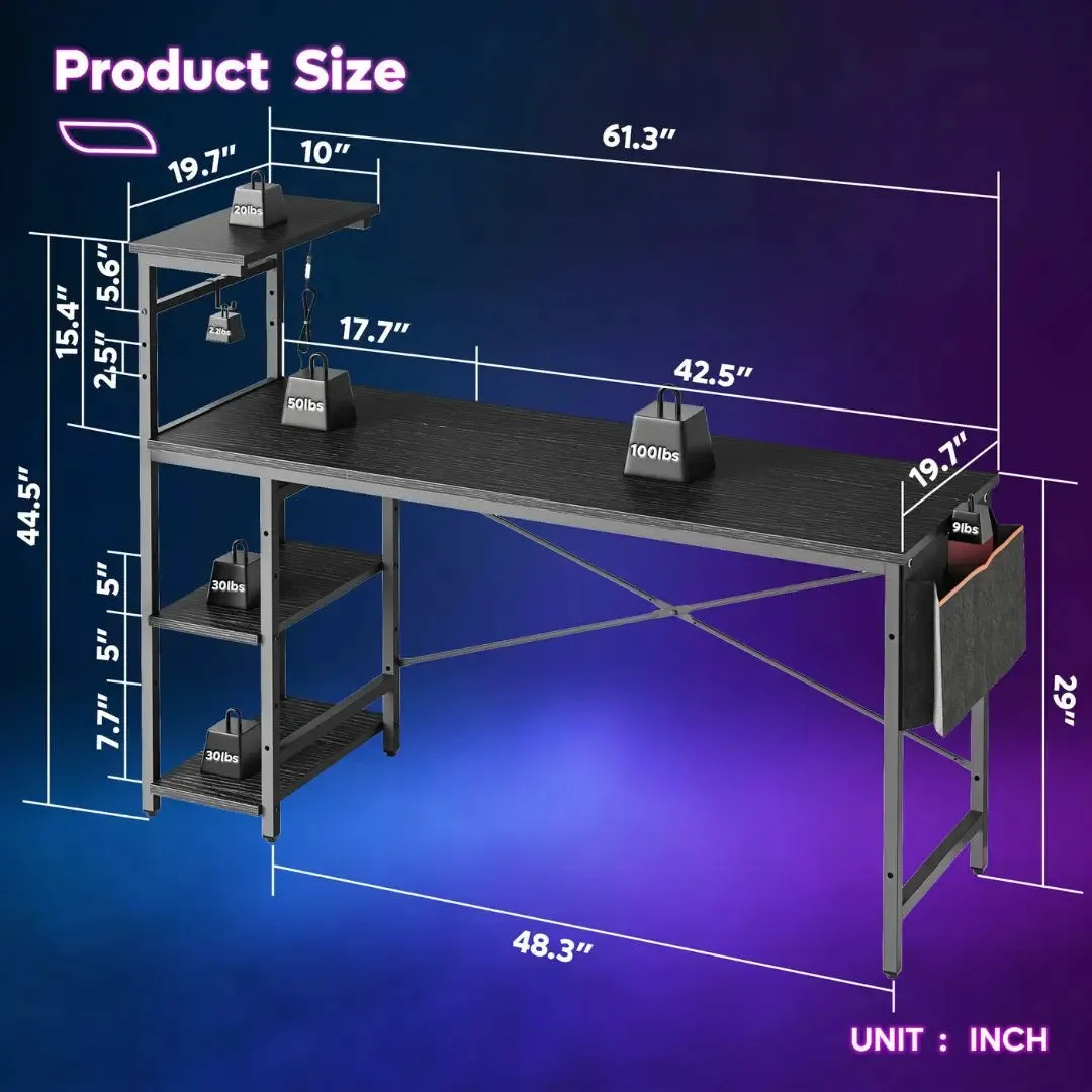 Bestier 61 Inch Gaming Desk with Shelves & Storage Bag