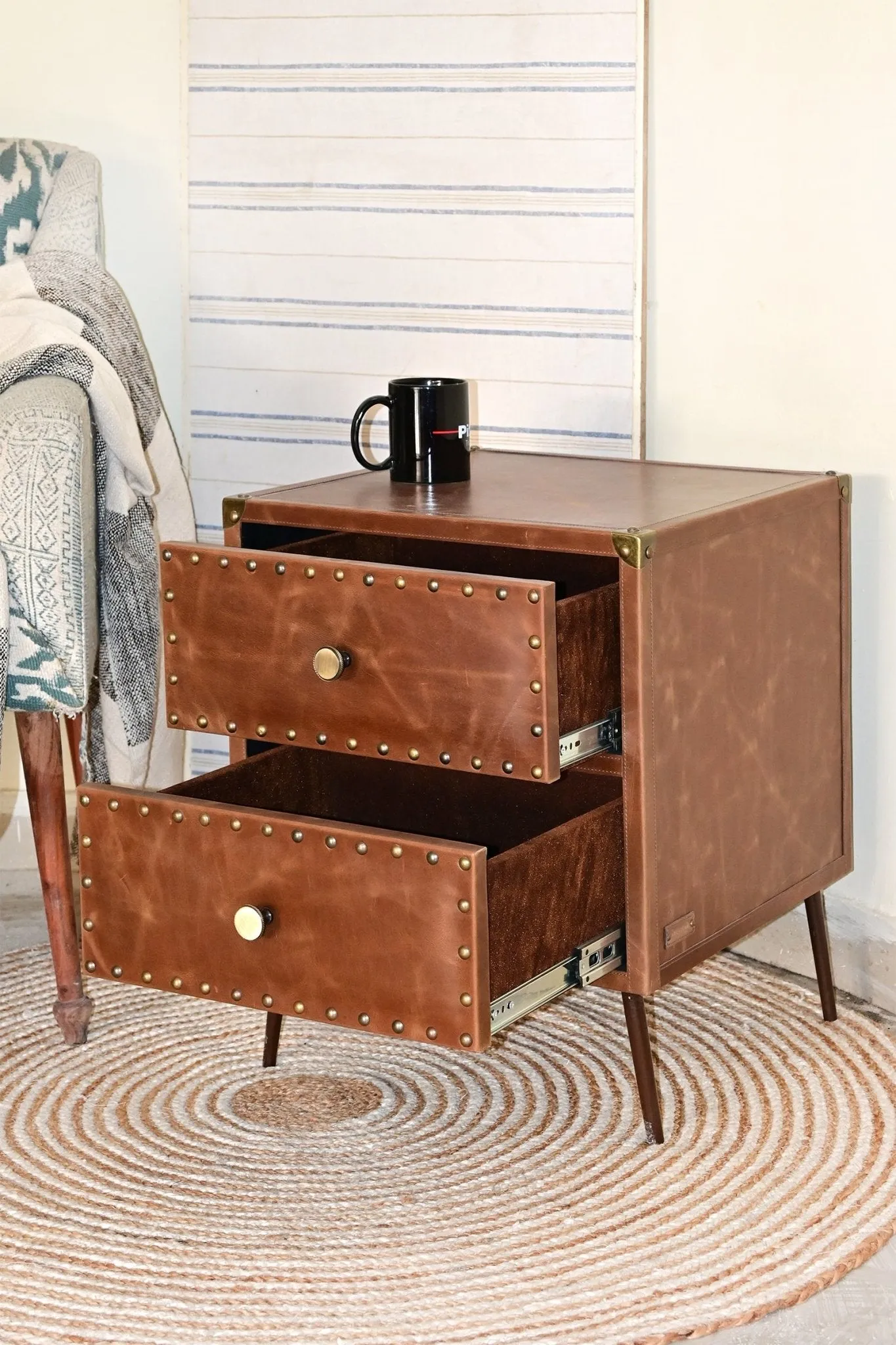 BIRMINGHAM - TWO DRAWER LEATHER SIDE TABLE