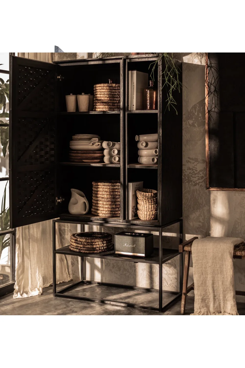 Charcoal Wooden Cabinet With Open Rack | dBodhi Karma