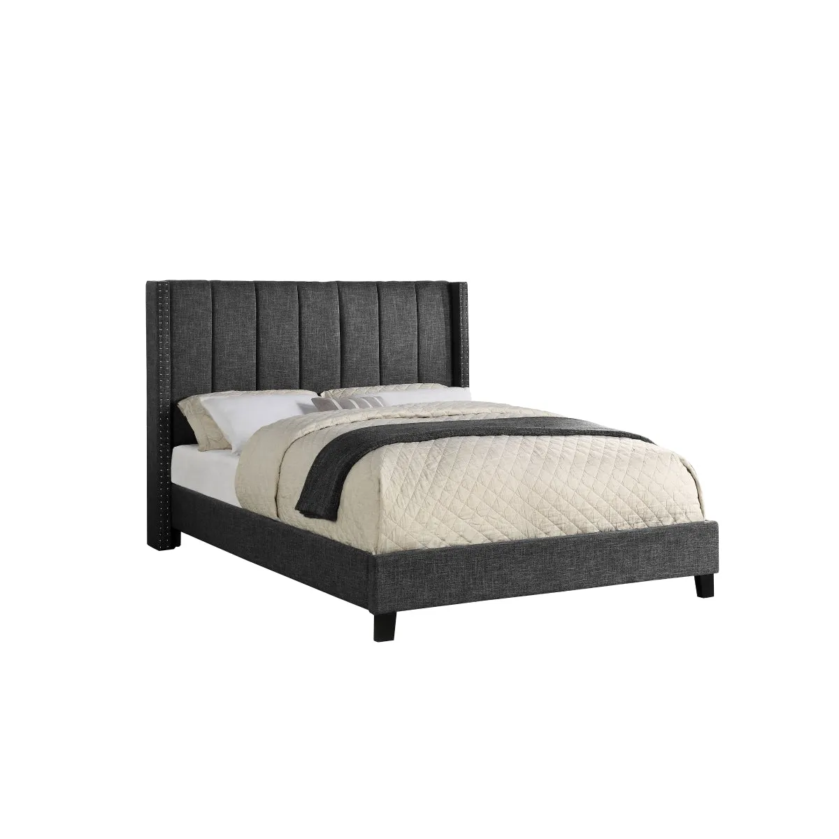 Dark Grey King Upholstered Platform Bed with Tufted Headboard