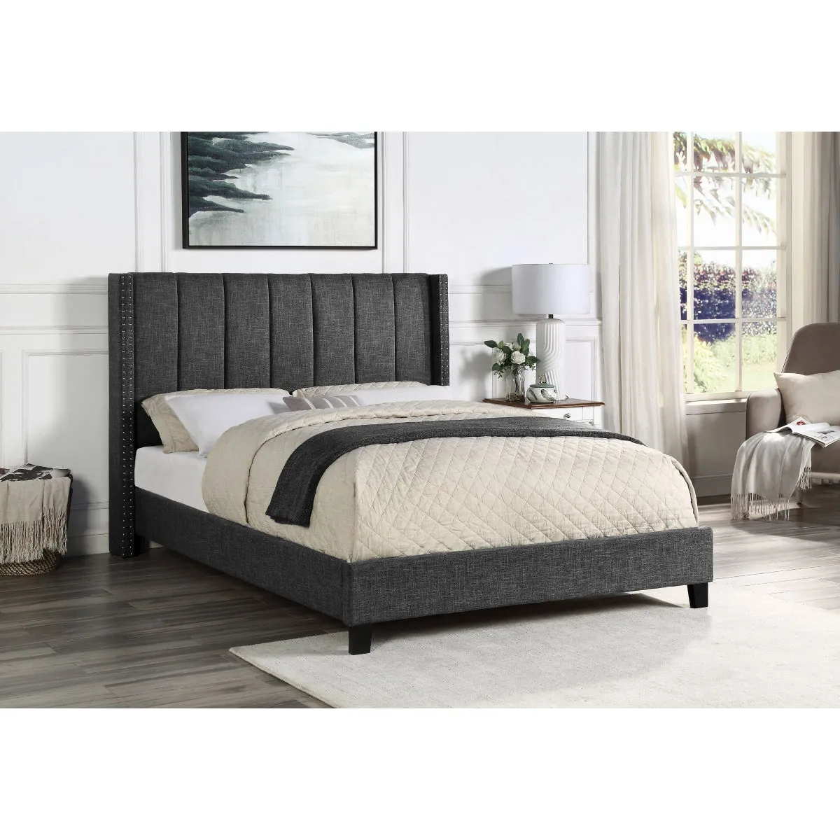 Dark Grey King Upholstered Platform Bed with Tufted Headboard