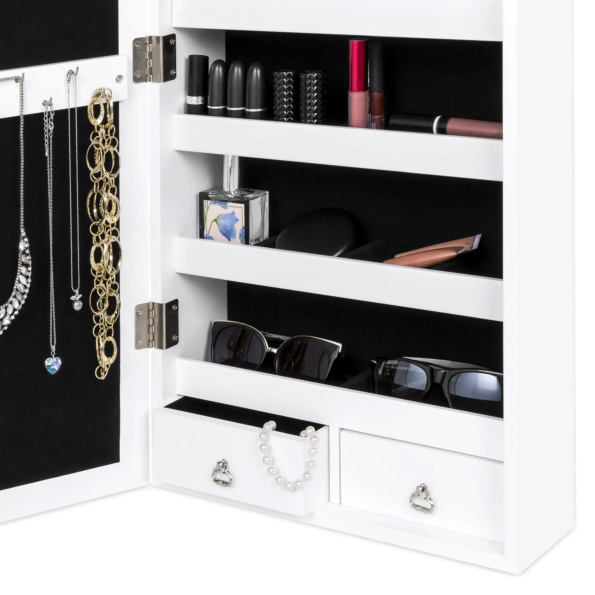 Door/Wall Mount Mirror Jewelry Cabinet Armoire w/ Inside Mirror, LED Lights