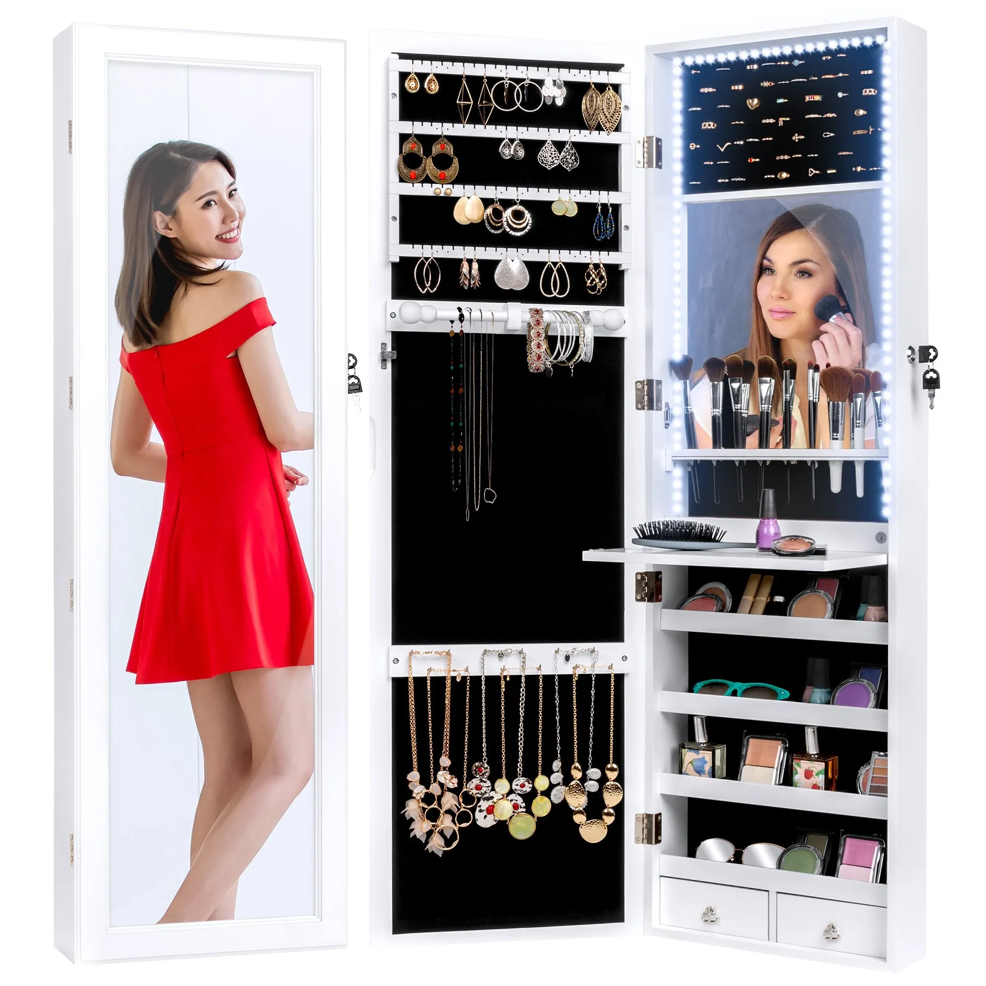 Door/Wall Mount Mirror Jewelry Cabinet Armoire w/ Inside Mirror, LED Lights