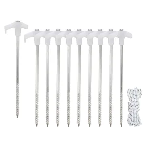 EAGLE PEAK Heavy Duty Galvanized Non-Rust Camping Tent Stakes with 4x10ft Ropes, Steel Stake Pegs for Canopy Gazebo,10pc-Pack, Fluorescent White