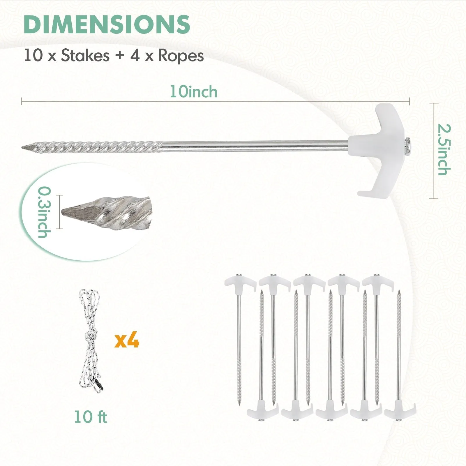 EAGLE PEAK Heavy Duty Galvanized Non-Rust Camping Tent Stakes with 4x10ft Ropes, Steel Stake Pegs for Canopy Gazebo,10pc-Pack, Fluorescent White