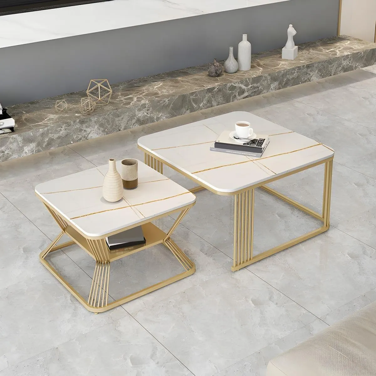 ELEVATION Square Set of Coffee Tables with Marble Pattern White Top Stackable Tea Tables or Center Table Set for Living Room Bedroom or Apartments (White Gold -)