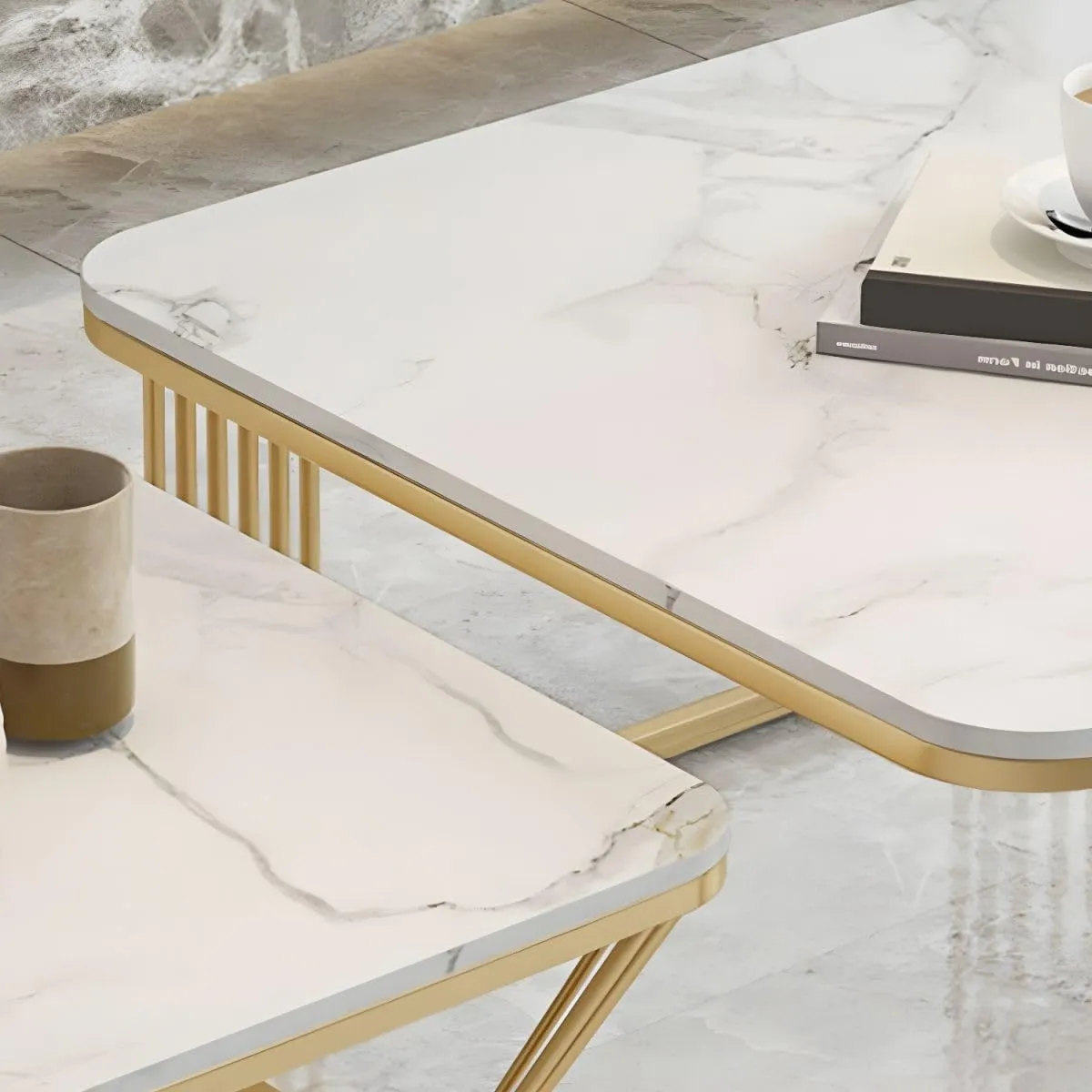 ELEVATION Square Set of Coffee Tables with Marble Pattern White Top Stackable Tea Tables or Center Table Set for Living Room Bedroom or Apartments (White Gold -)