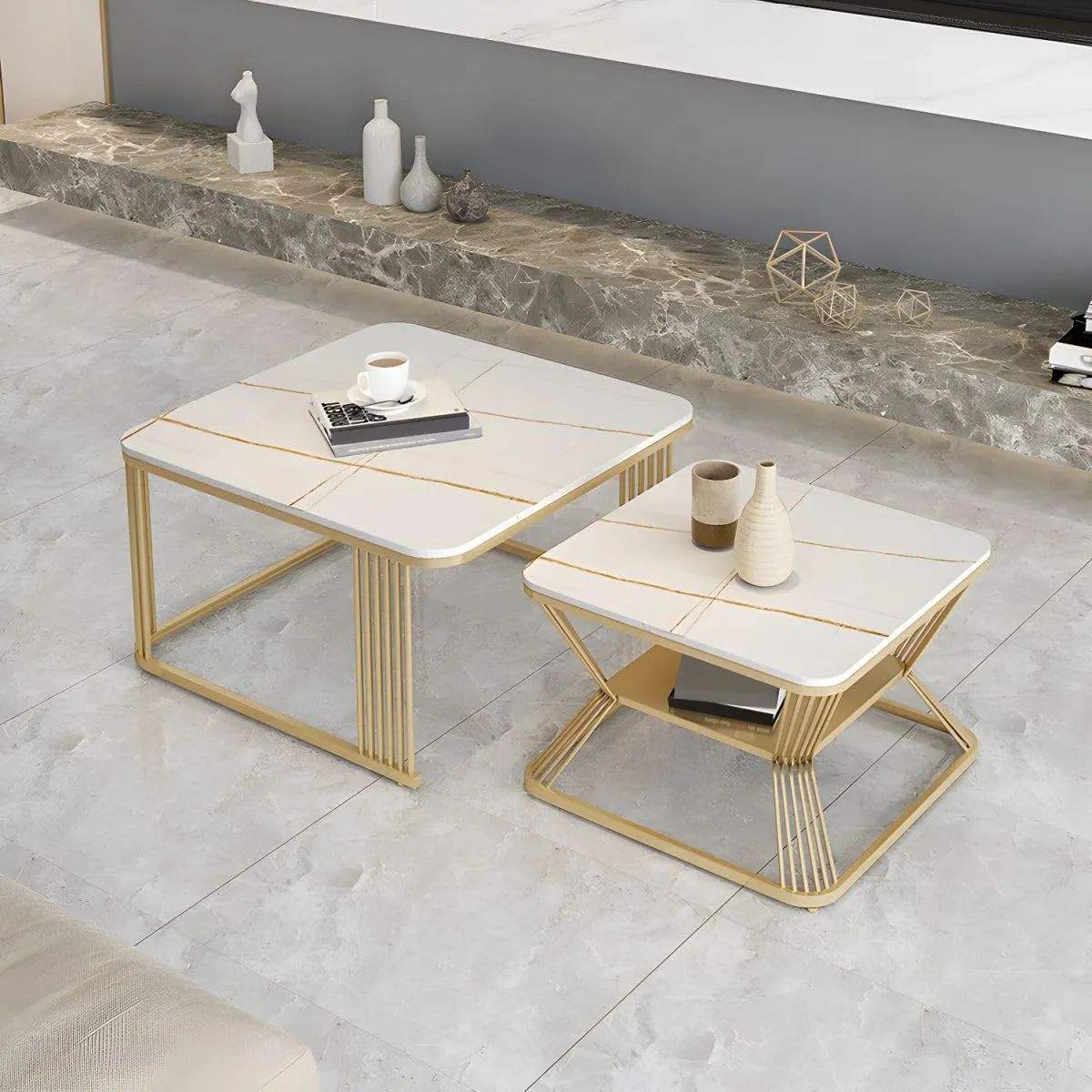 ELEVATION Square Set of Coffee Tables with Marble Pattern White Top Stackable Tea Tables or Center Table Set for Living Room Bedroom or Apartments (White Gold -)