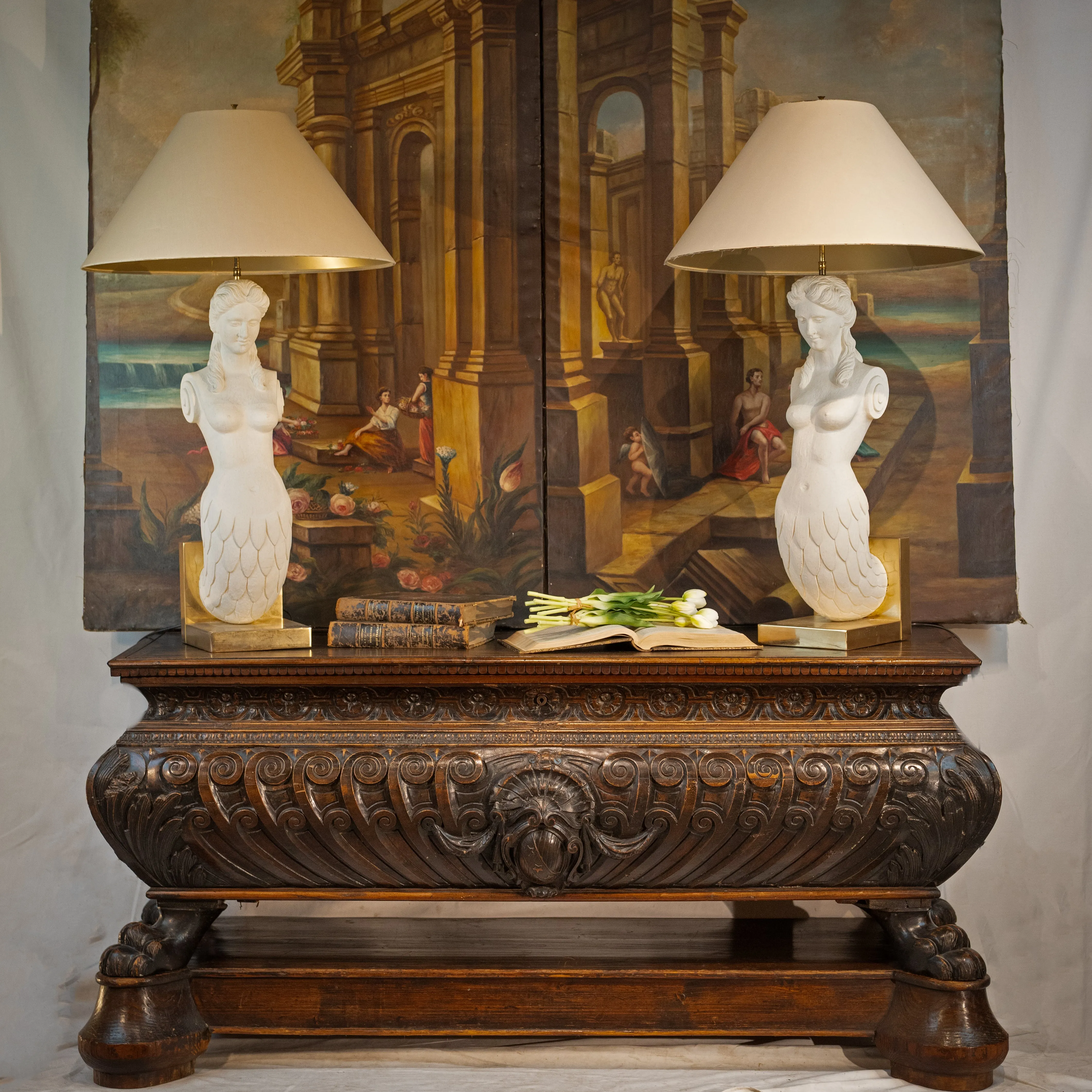 Extraordinary 17th-century Italian "cassone" walnut marriage chest