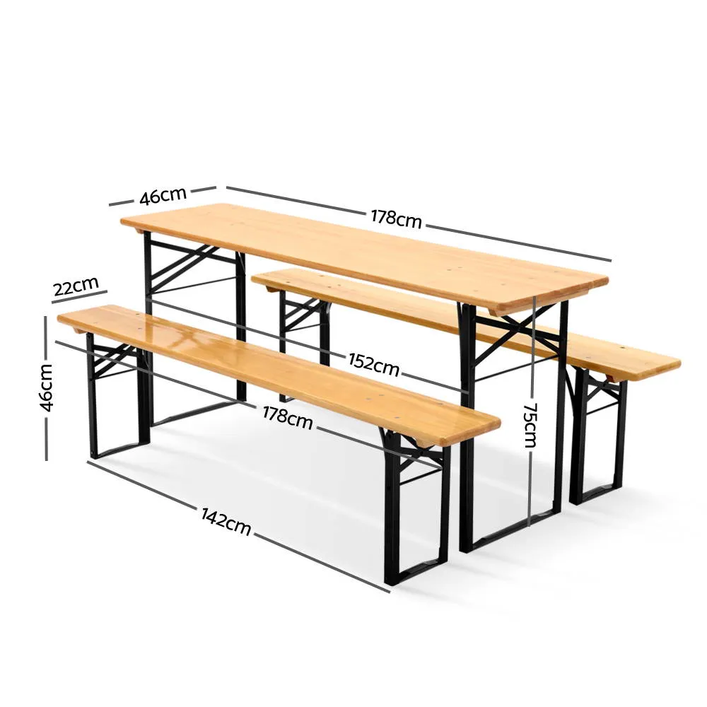 Foldable Pine Wood Bench Set w/ Metal Legs - Gardeon