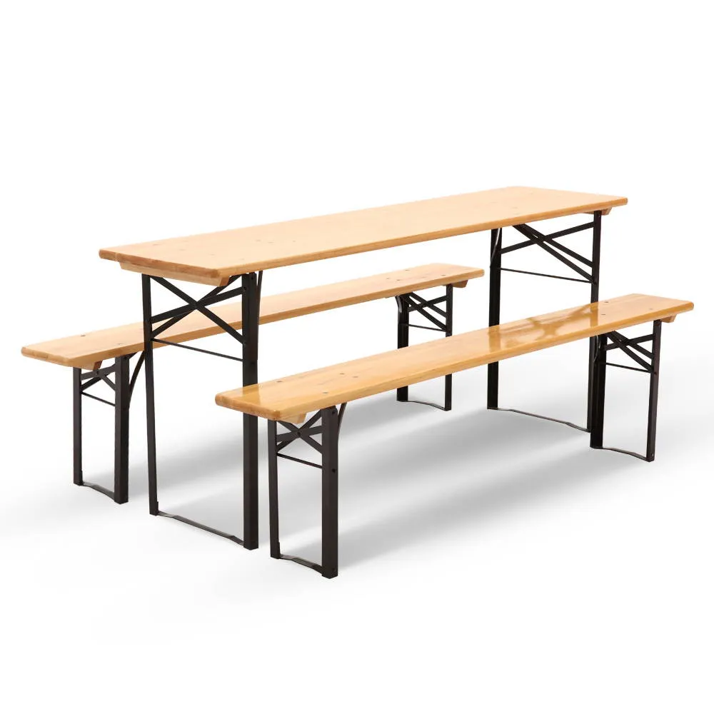 Foldable Pine Wood Bench Set w/ Metal Legs - Gardeon