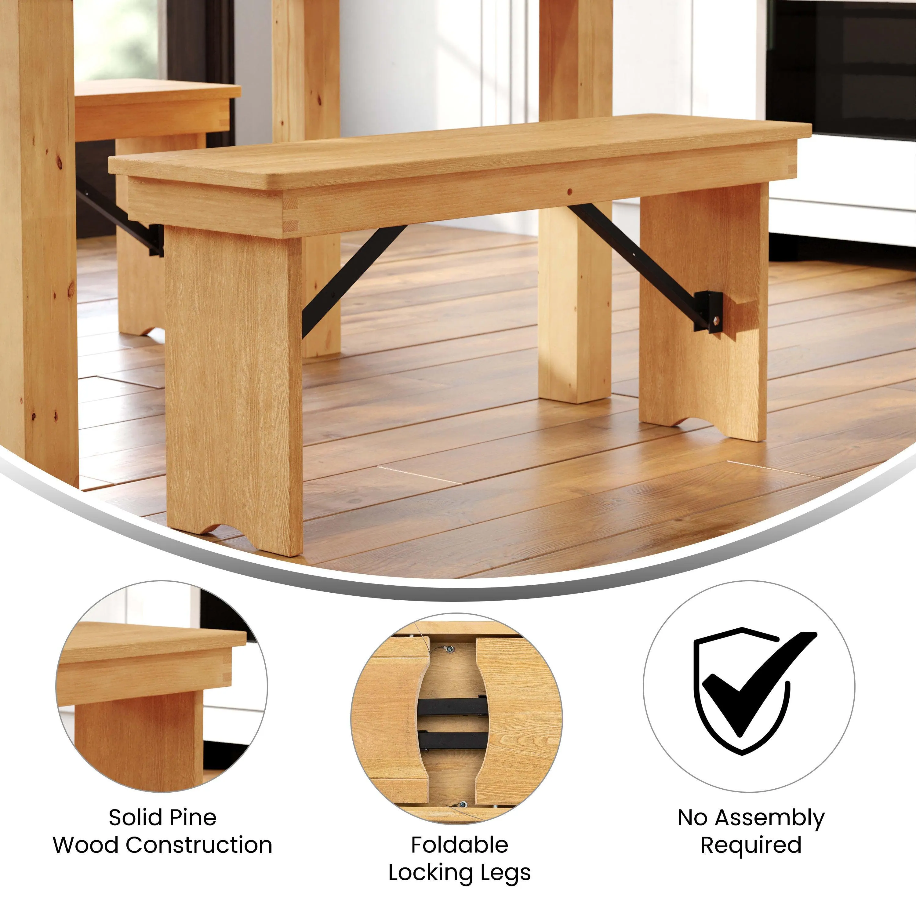 HERCULES Series 40" x 12" Solid Pine Folding Farm Bench