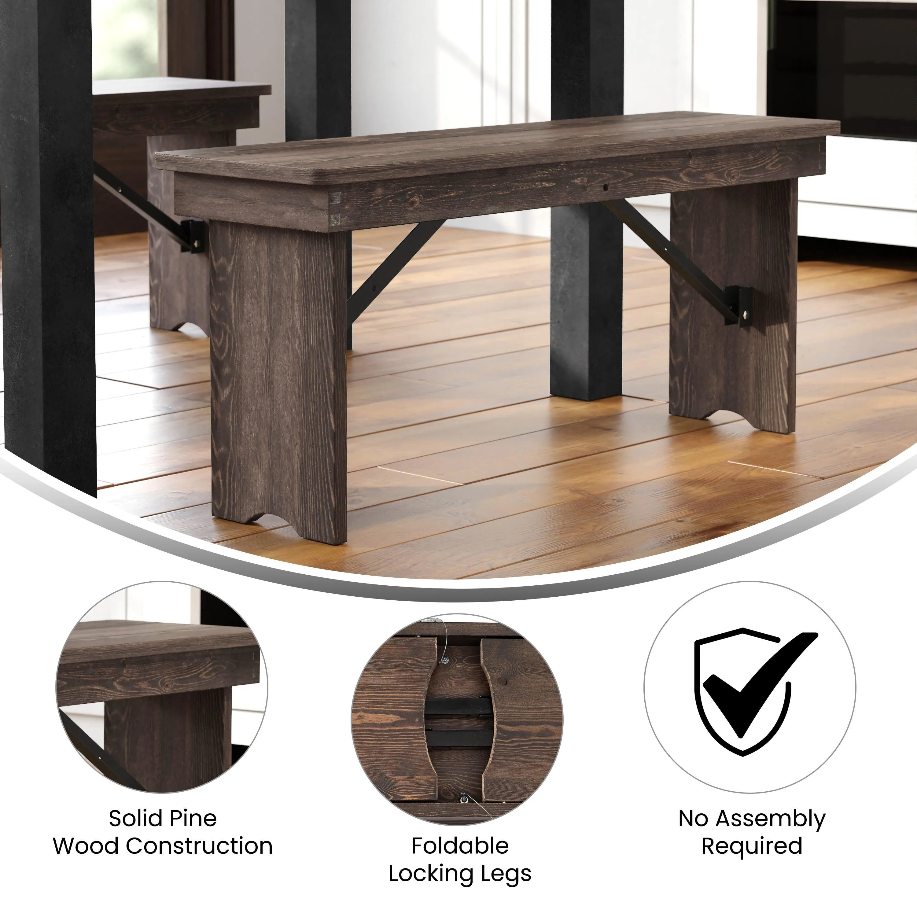 HERCULES Series 40" x 12" Solid Pine Folding Farm Bench