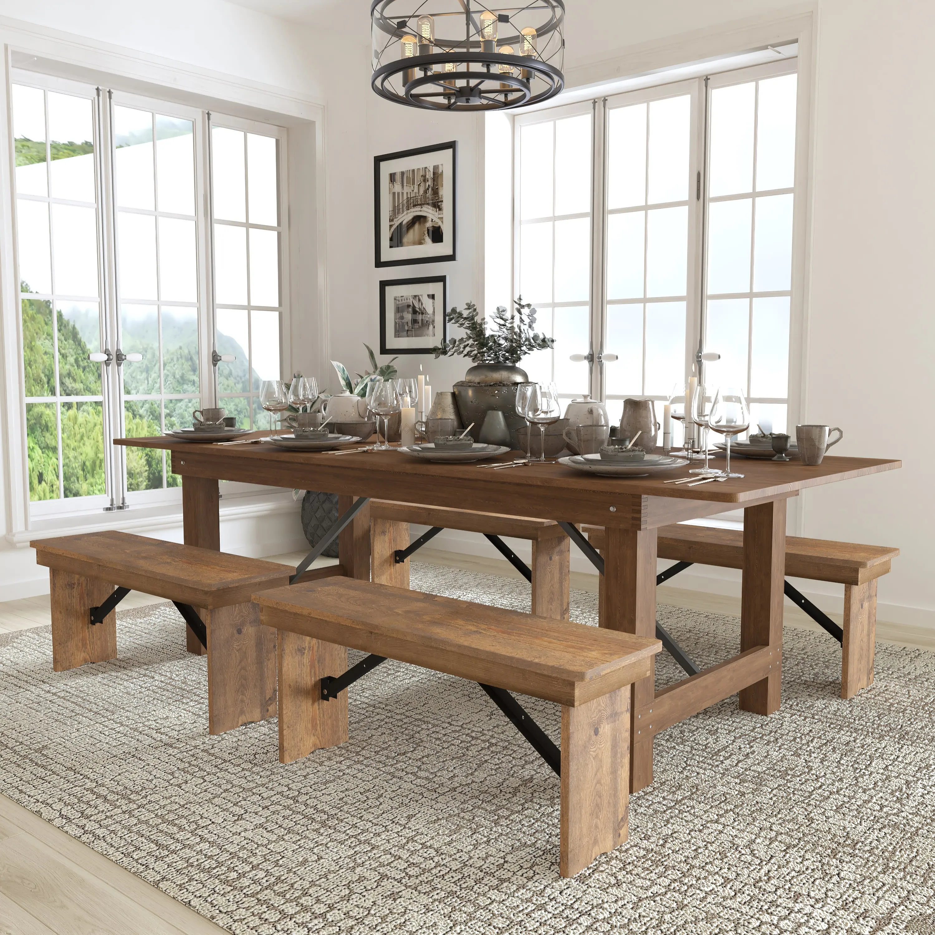 HERCULES Series 8' x 40'' Folding Farm Table and Four 40.25"L Bench Set